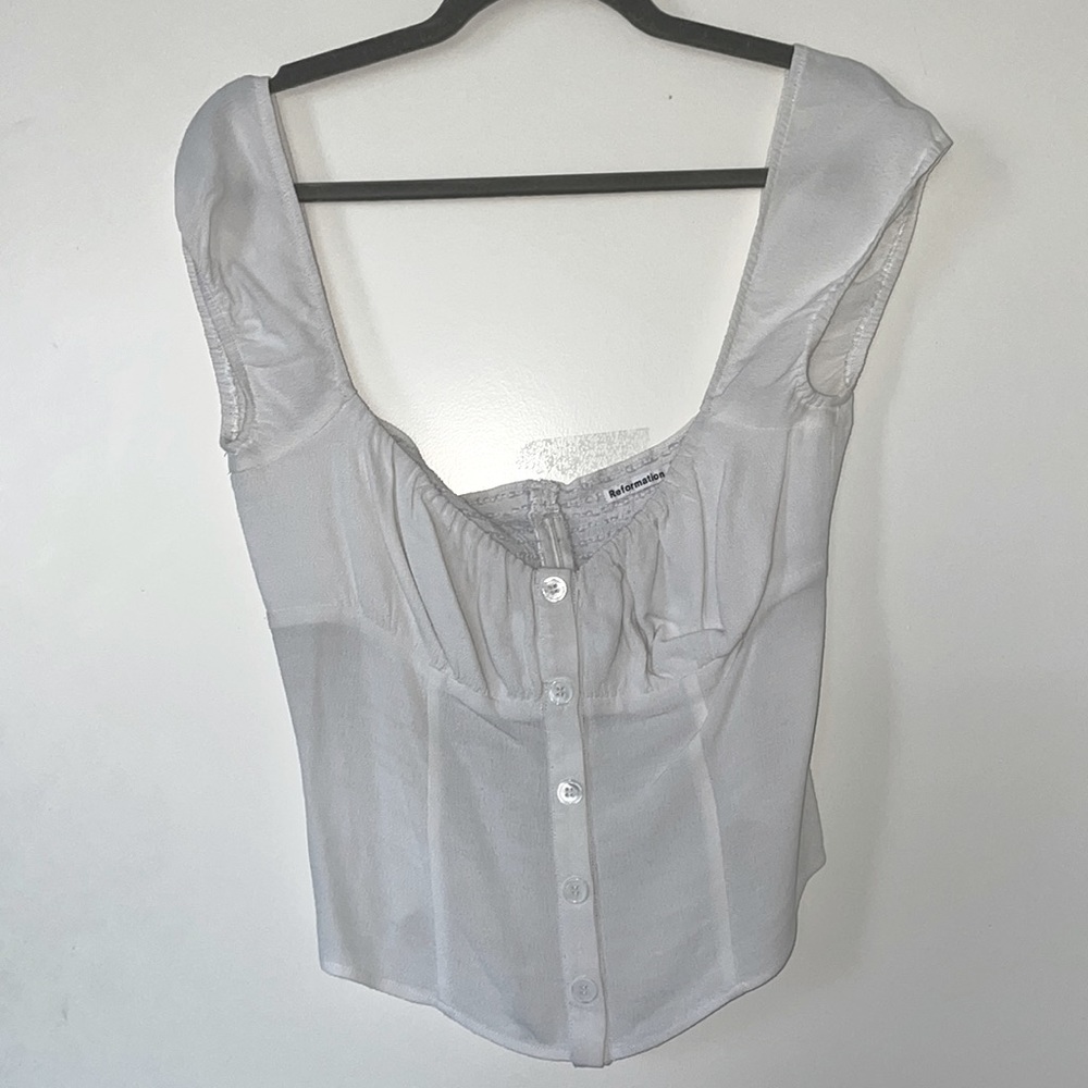 Reformation Short Sleeve White Top with Button Details